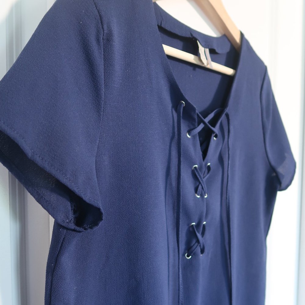 Blue Short Sleeve Top with Criss Cross Chest Detail